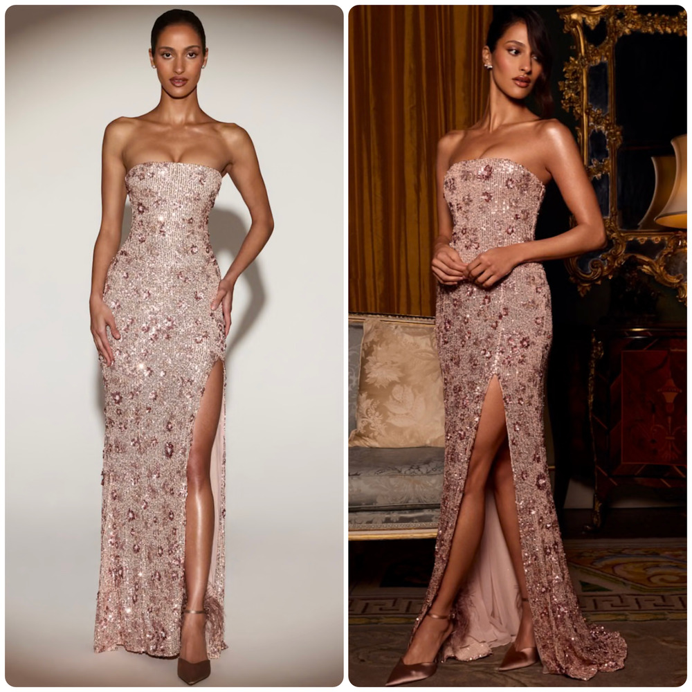 Oh Polly Solenna Embellished Bandeau-Neck Strapless Gown in Rose Gold size 4